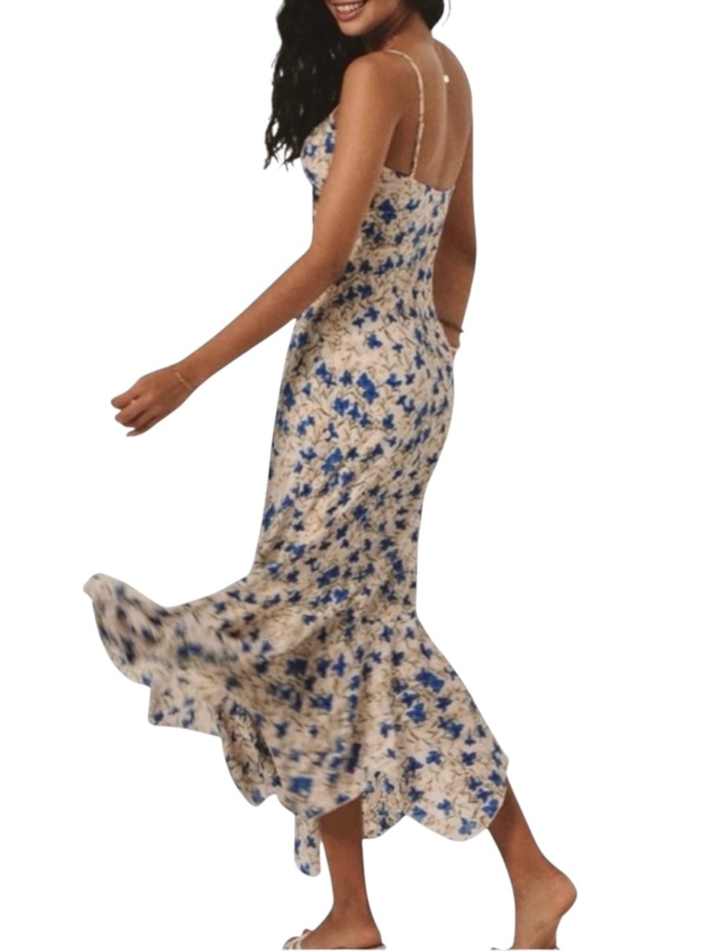 Commense Blue and Cream Floral Cami Maxi Dress XS NWT Ruffle Hem Spring Summer